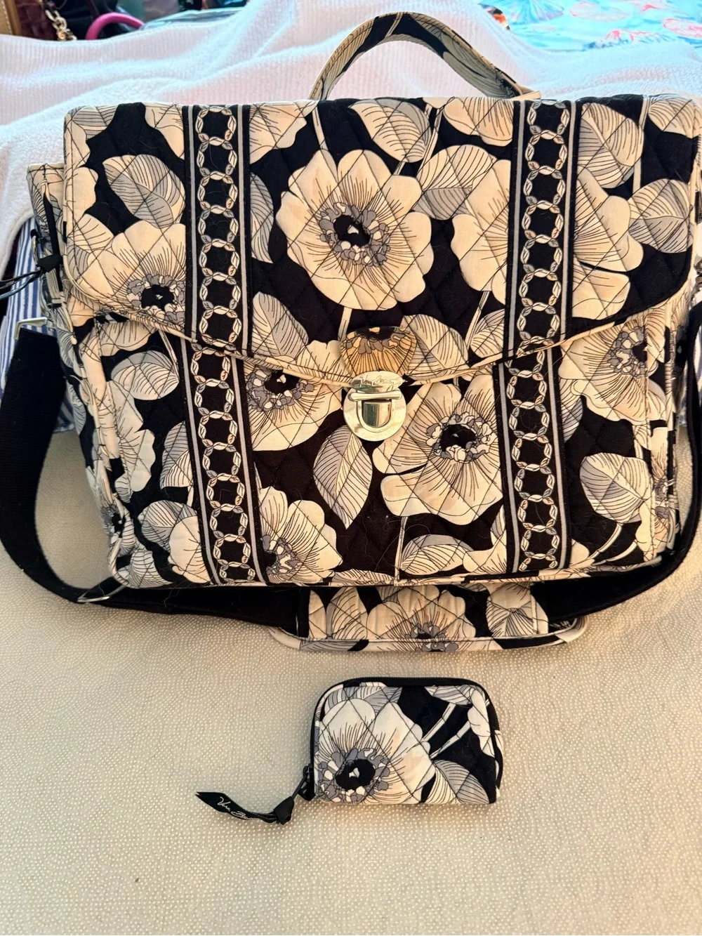 Vera Bradley Black & White Floral Quilted Laptop Messenger